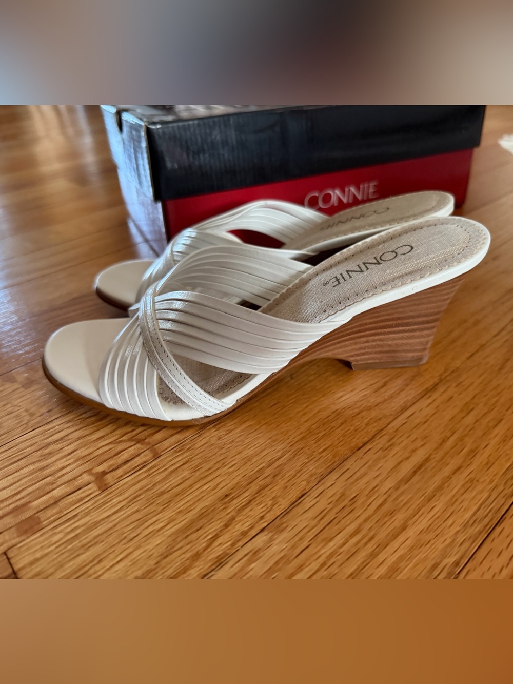 Connie White Wedge Slide Mules